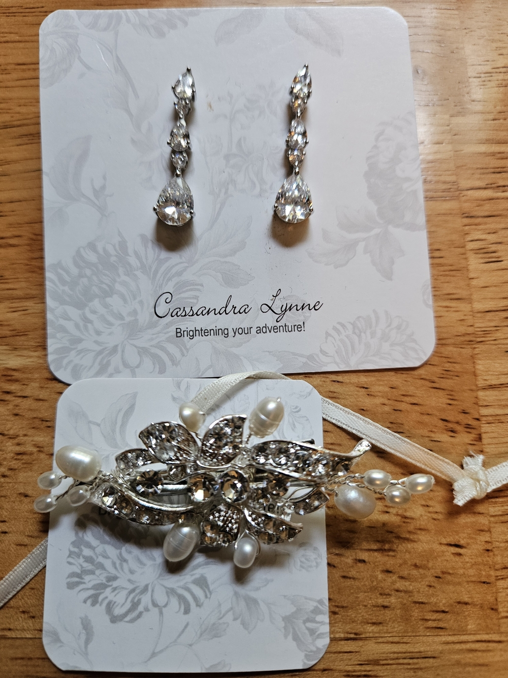 Silver Crystal Drop Earrings & Pearl Hairpiece Set - White